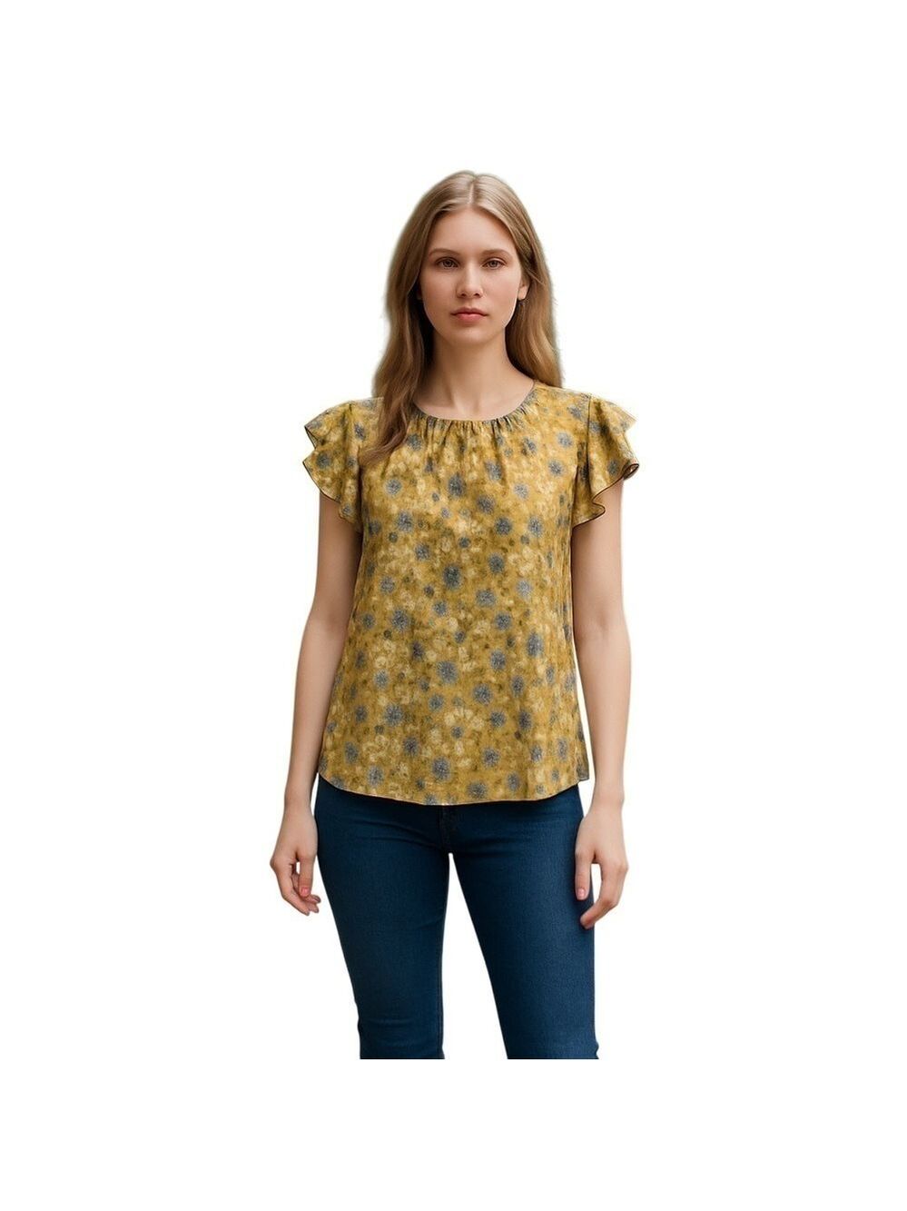 Alex & Lili Mustard Yellow White Blue Floral Ruffled Capped Sleeves Top Size S